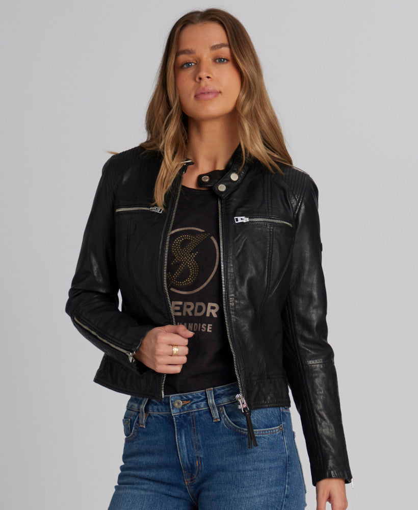 Fitted Leather Racer Jacket | Black