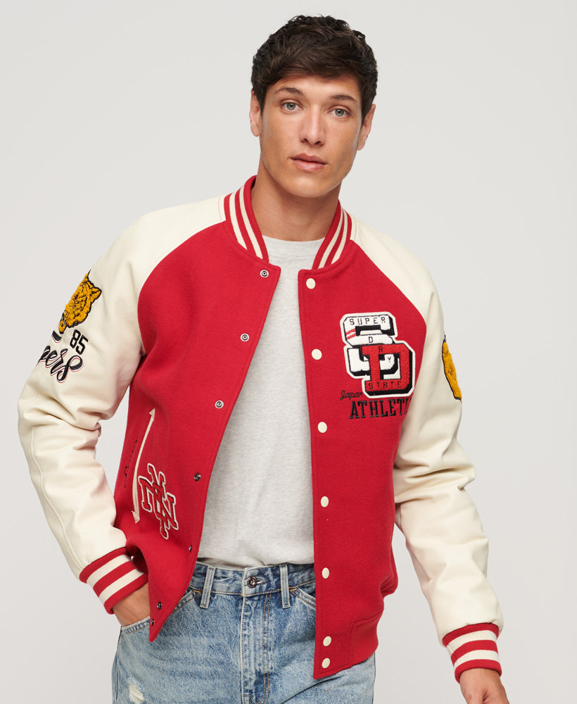College Varsity Patched Bomber Jacket | Varsity Red