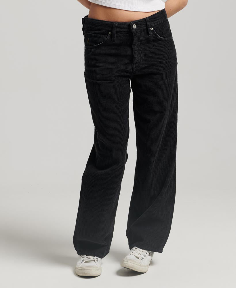 Mid Rise Wide Leg Cord Pants Black 30