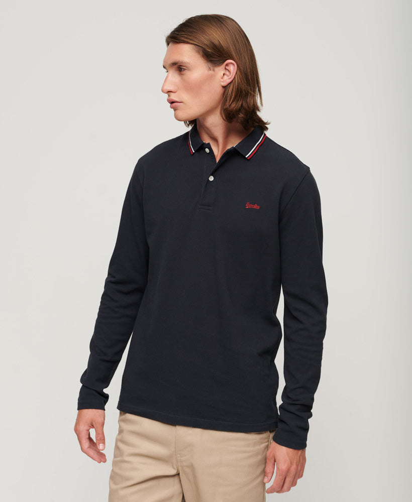 Vintage Tipped Long Sleeve Polo Shirt | Dark Navy/Red