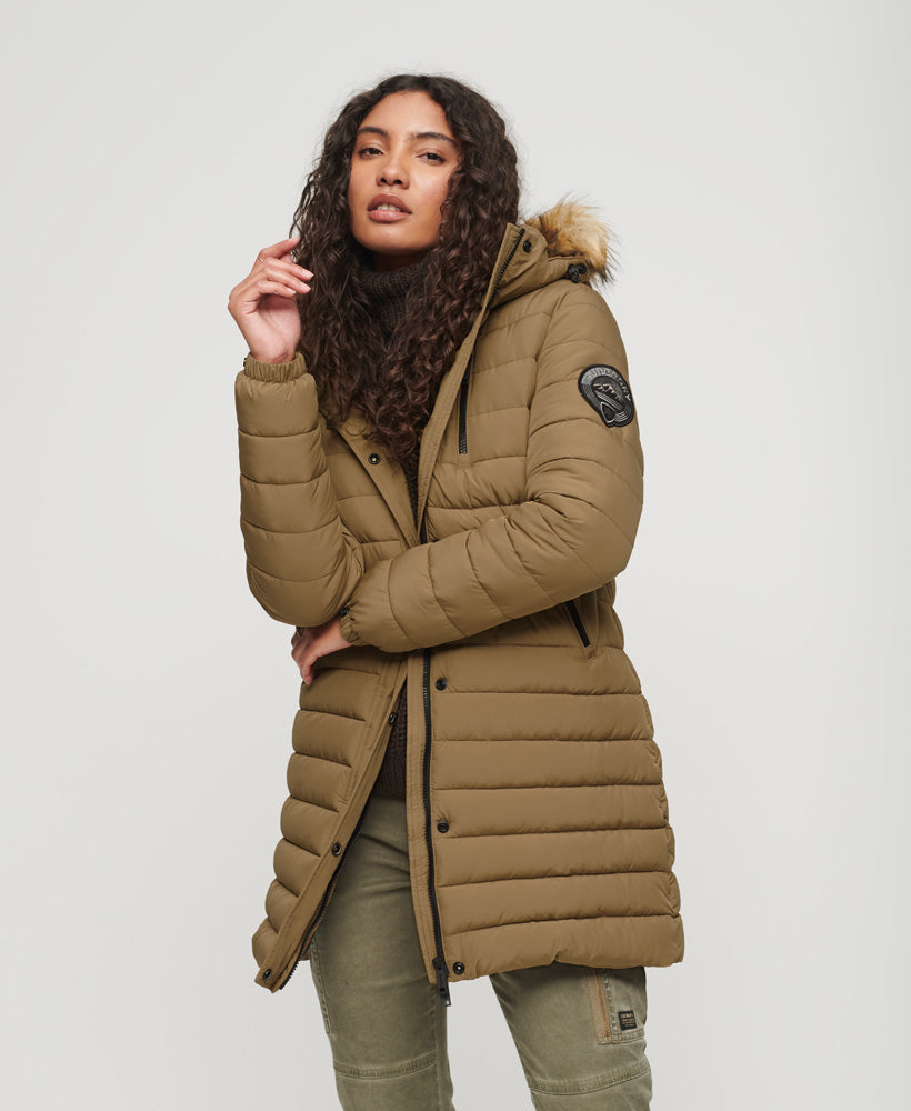 Fuji Hooded Mid Length Puffer Coat Sandstone Brown