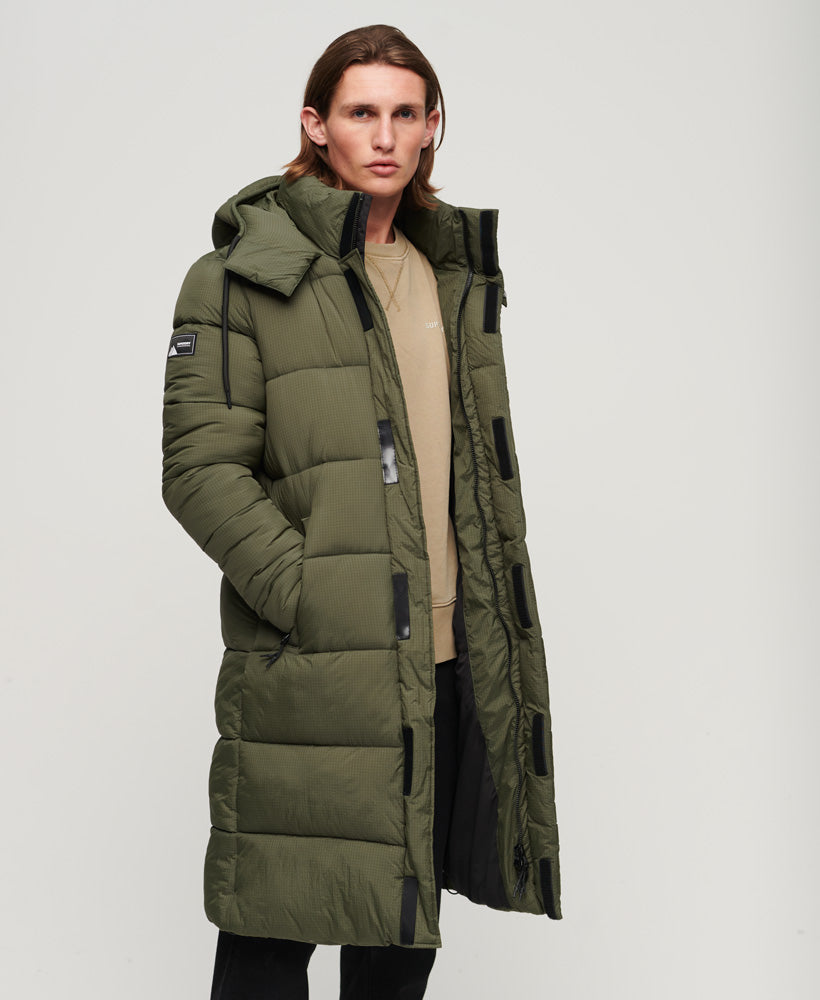 Ripstop Longline Puffer Jacket | Dark Moss Green Grid