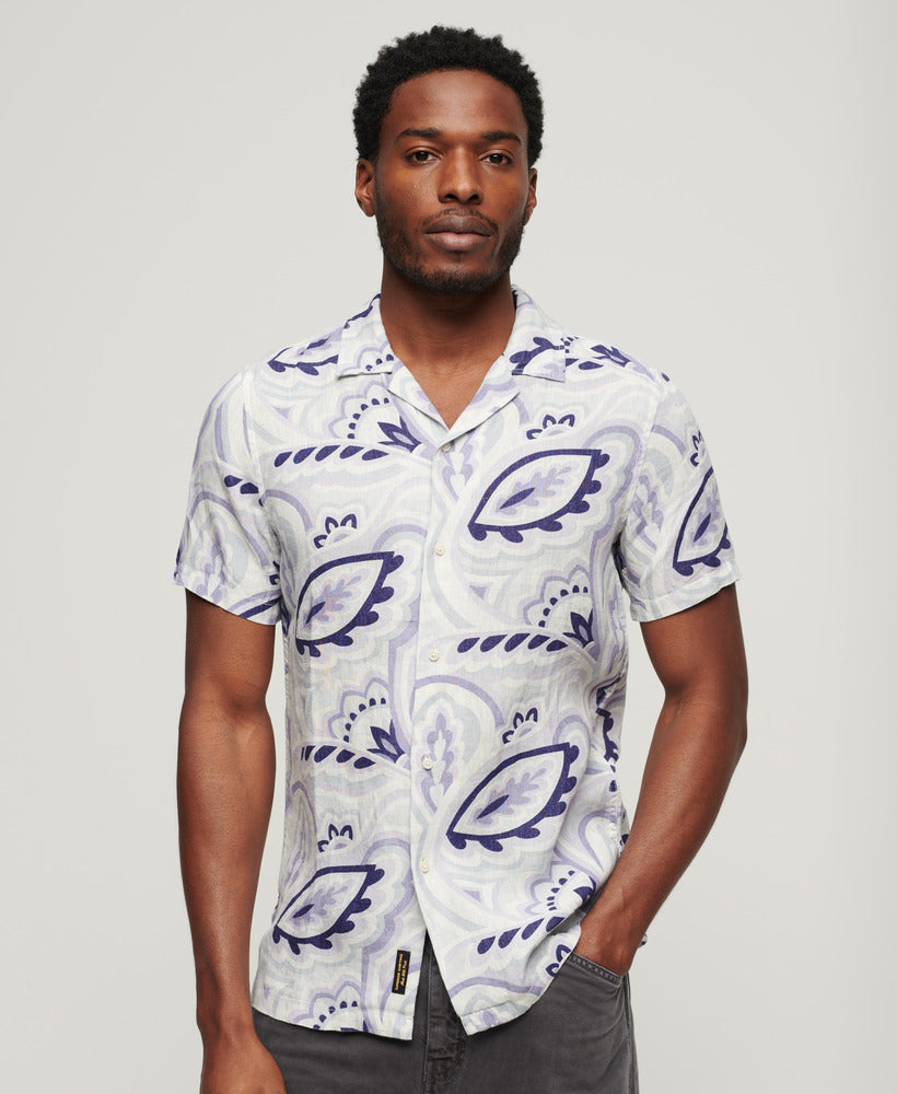 Open Collar Printed Linen Shirt | Laurel Grey Print