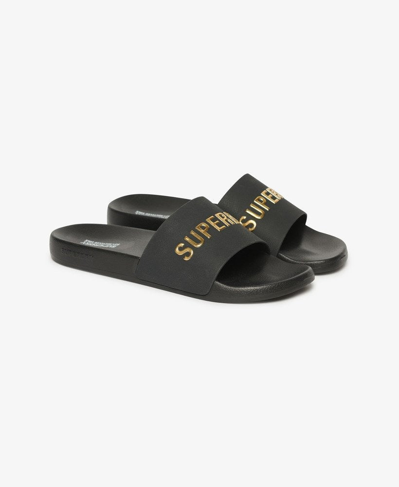 Vegan Logo Pool Slides | Black/Metallic Gold