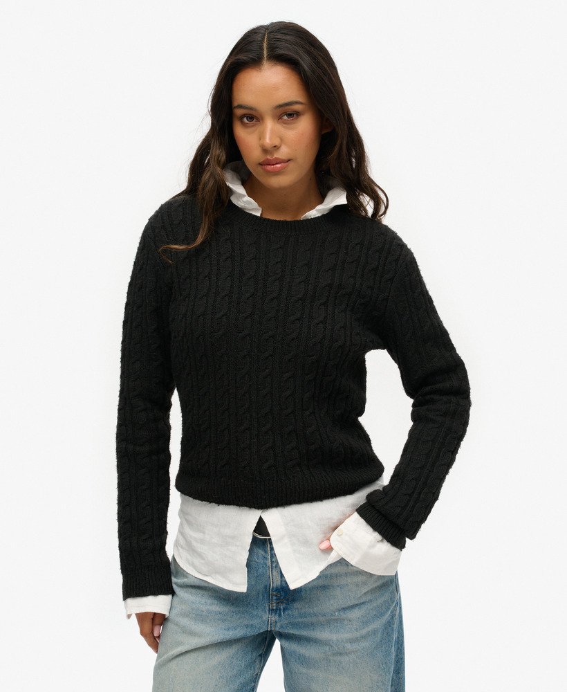 Fitted Cable Crew Neck Jumper | Black