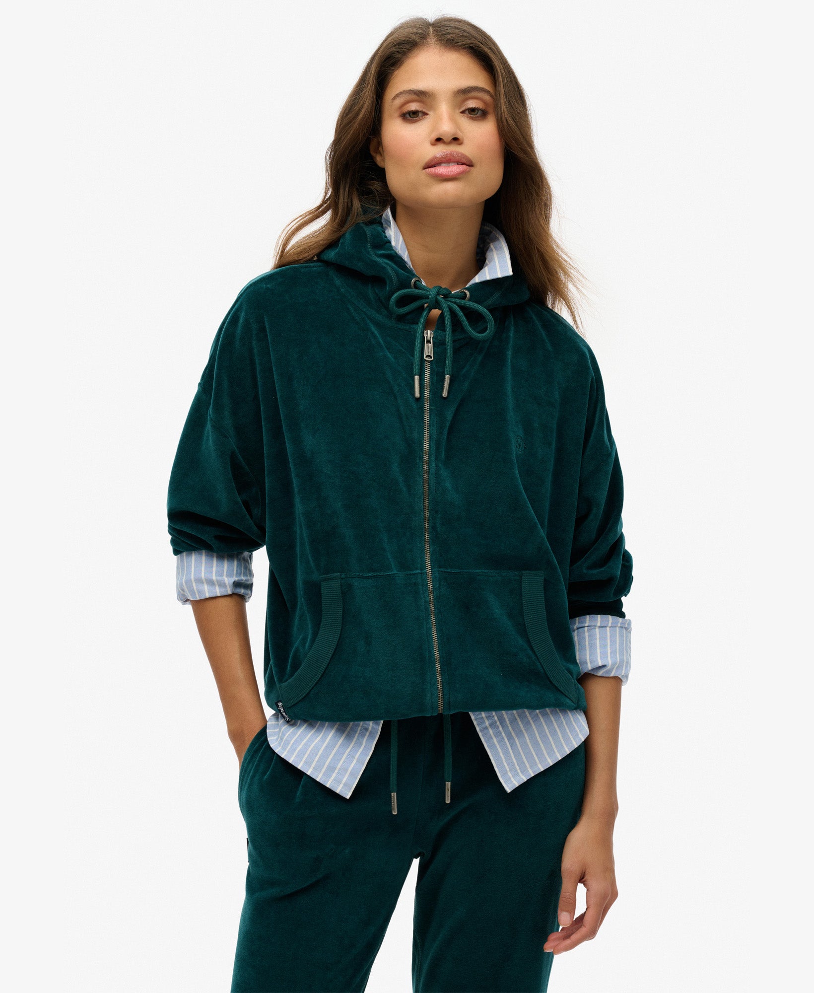 Velour Ziphood | Dark Pine Green