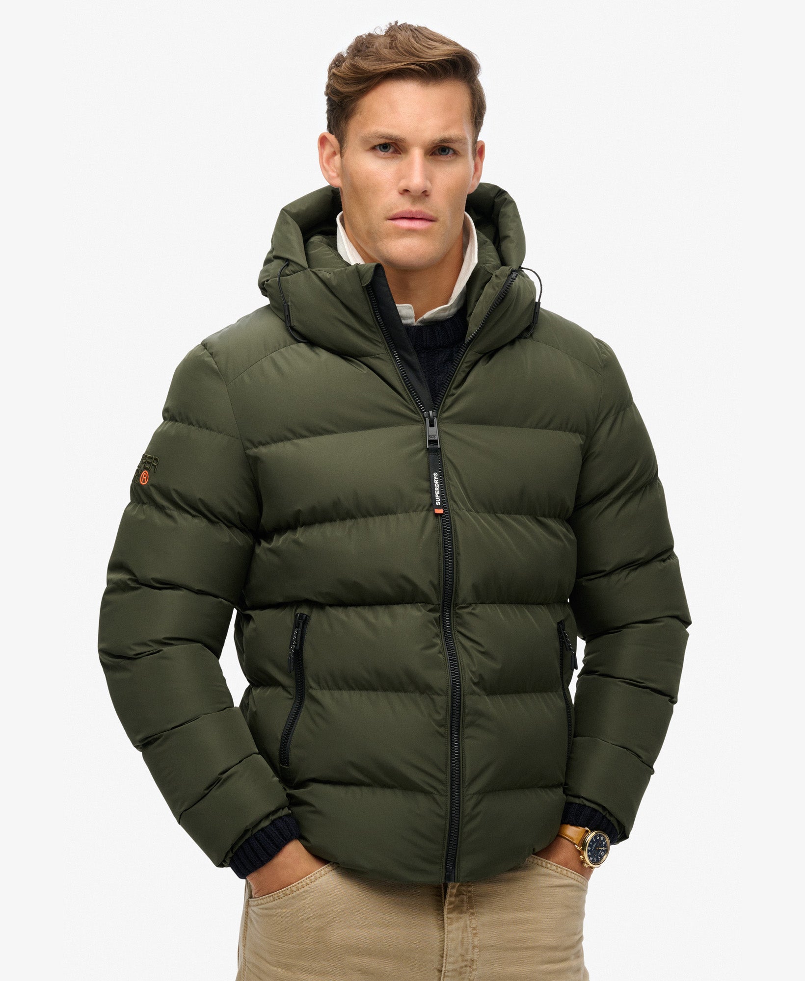 Hooded Sports Puffer Jacket | Army Khaki