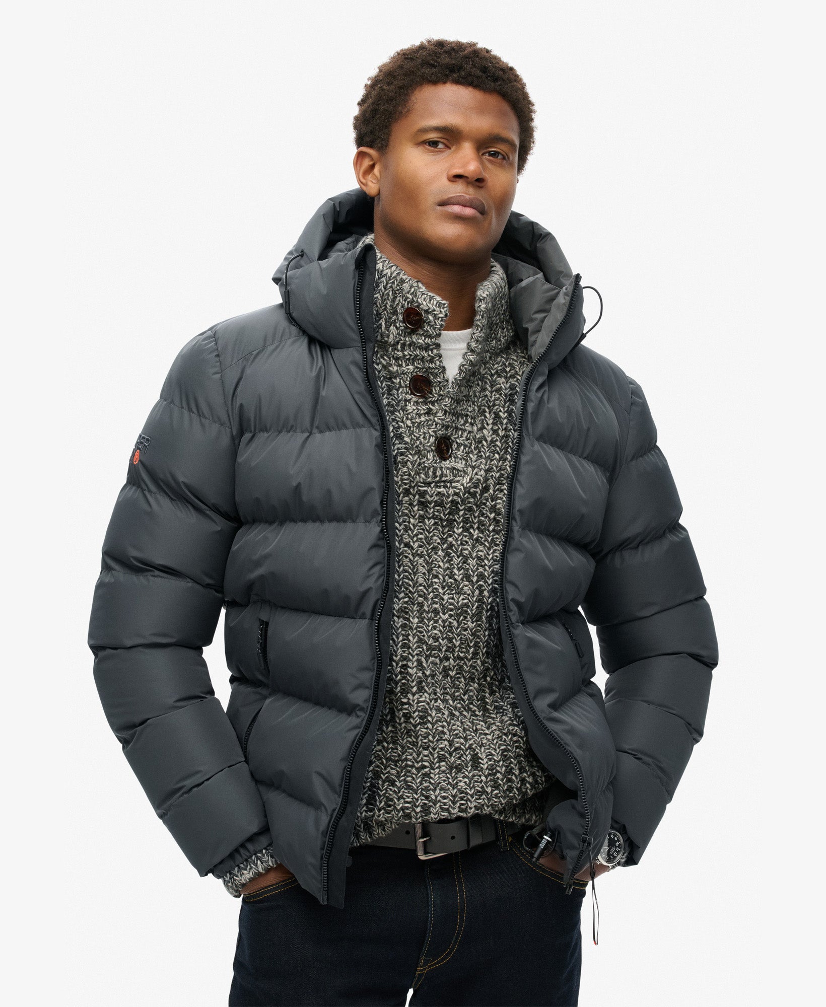 Hooded Sports Puffer Jacket | Ebony