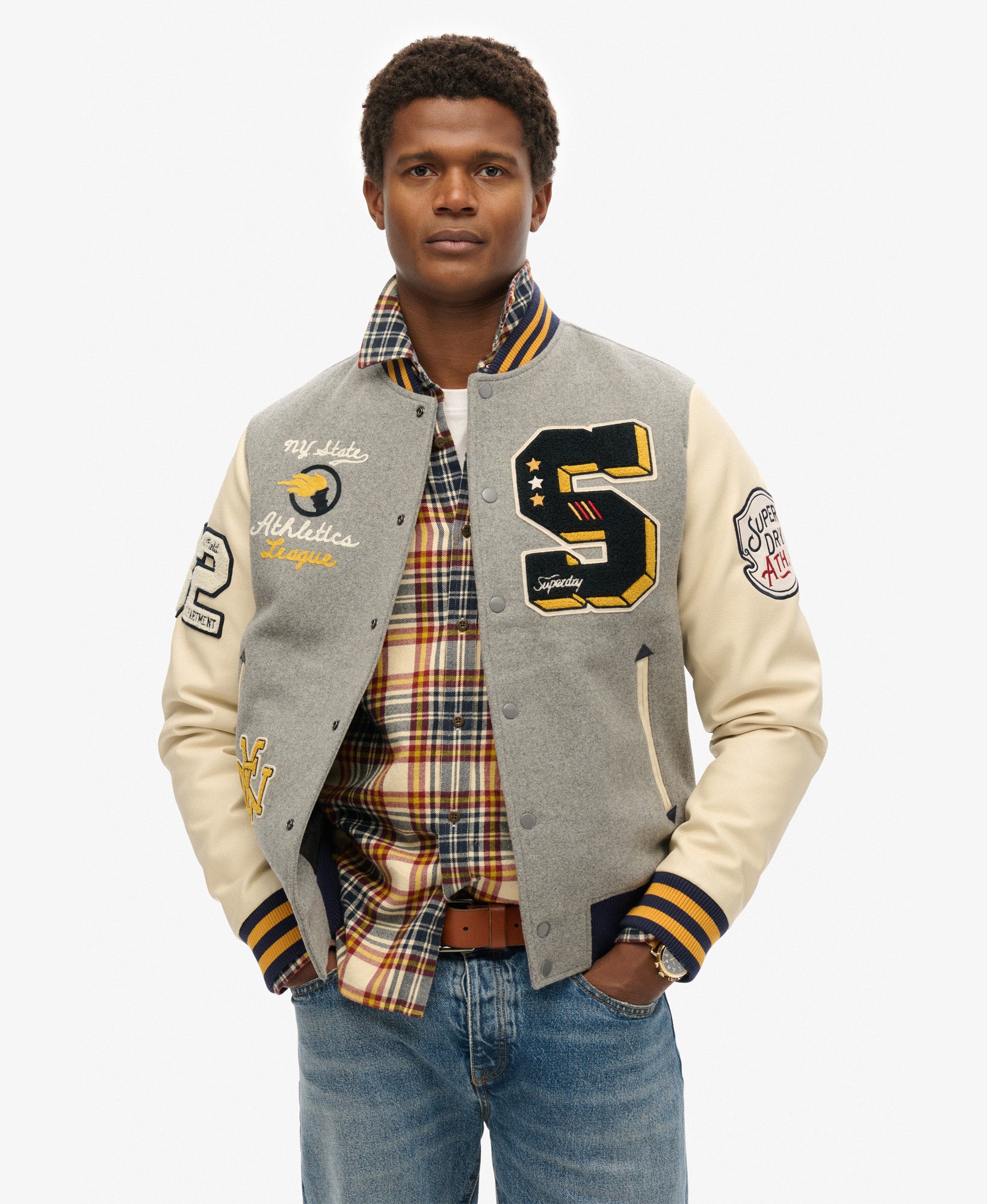 College Patched Bomber Jacket Grey Marle – Superdry