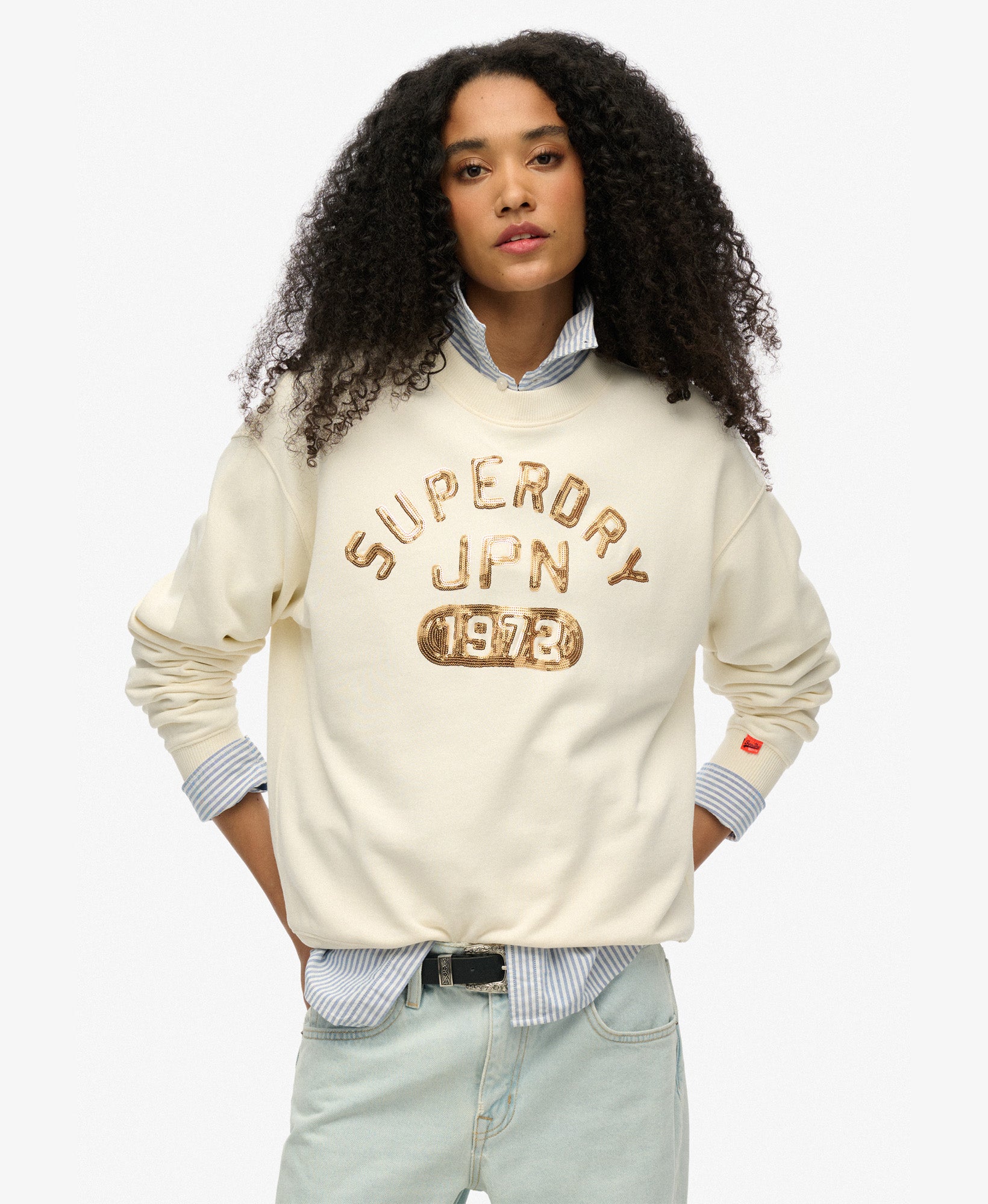Embellished Varsity Loose Crew | Cream
