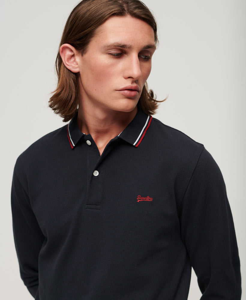 Vintage Tipped Long Sleeve Polo Shirt | Dark Navy/Red