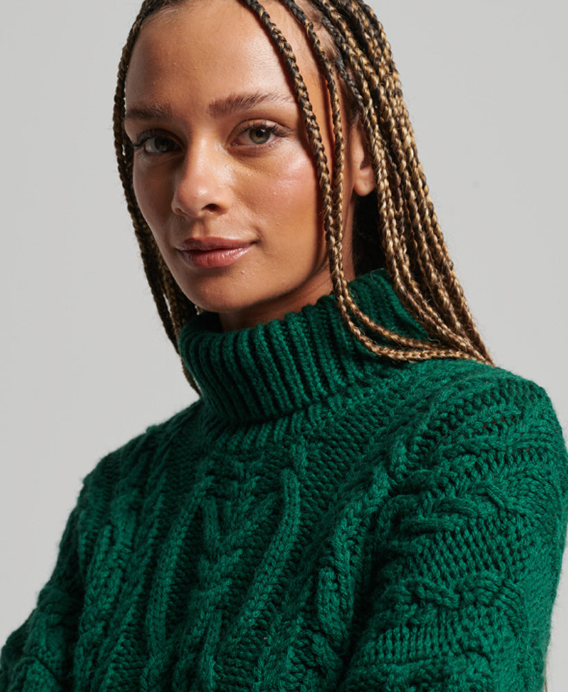 Cable Knit Polo Neck Jumper | Pine Green