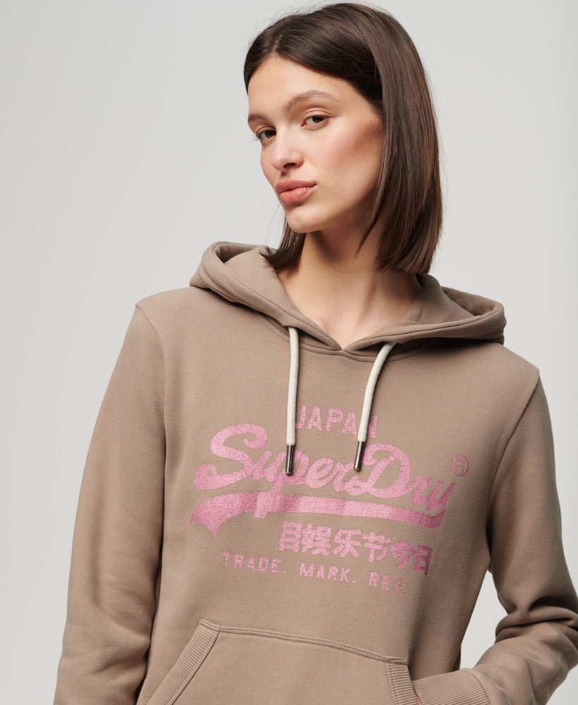 Metallic Vintage Logo Graphic Hoodie | Deep Beige