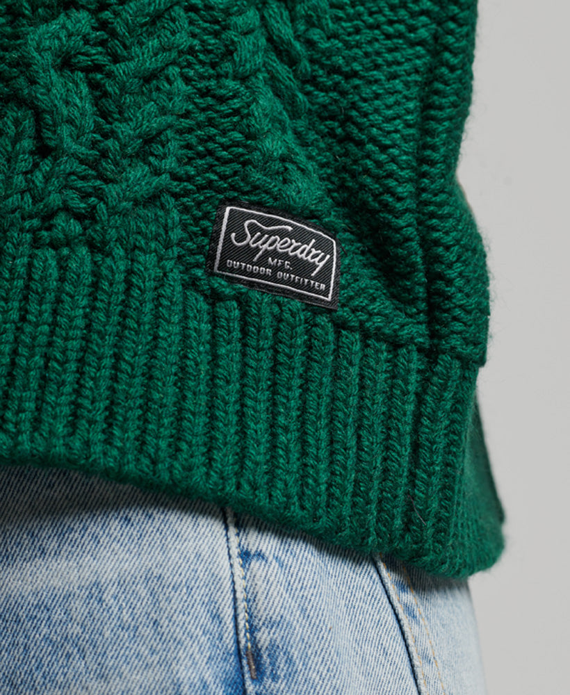 Cable Knit Polo Neck Jumper | Pine Green