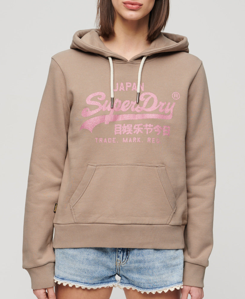 Metallic Vintage Logo Graphic Hoodie | Deep Beige