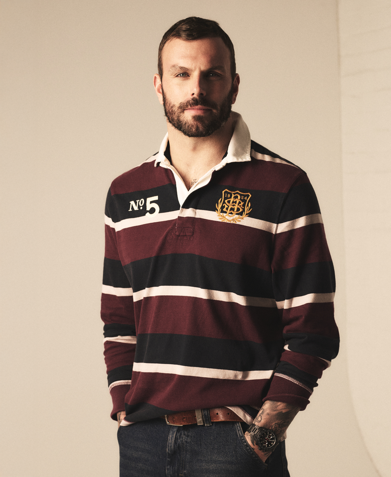 Double Emblem Stripe Rugby | Port/Navy Stripe