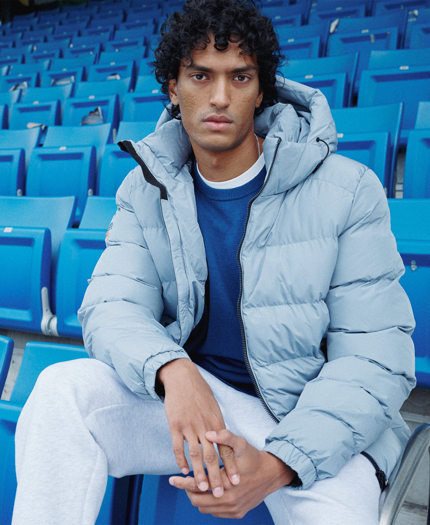Hooded Sports Puffer Jacket | Washed Denim