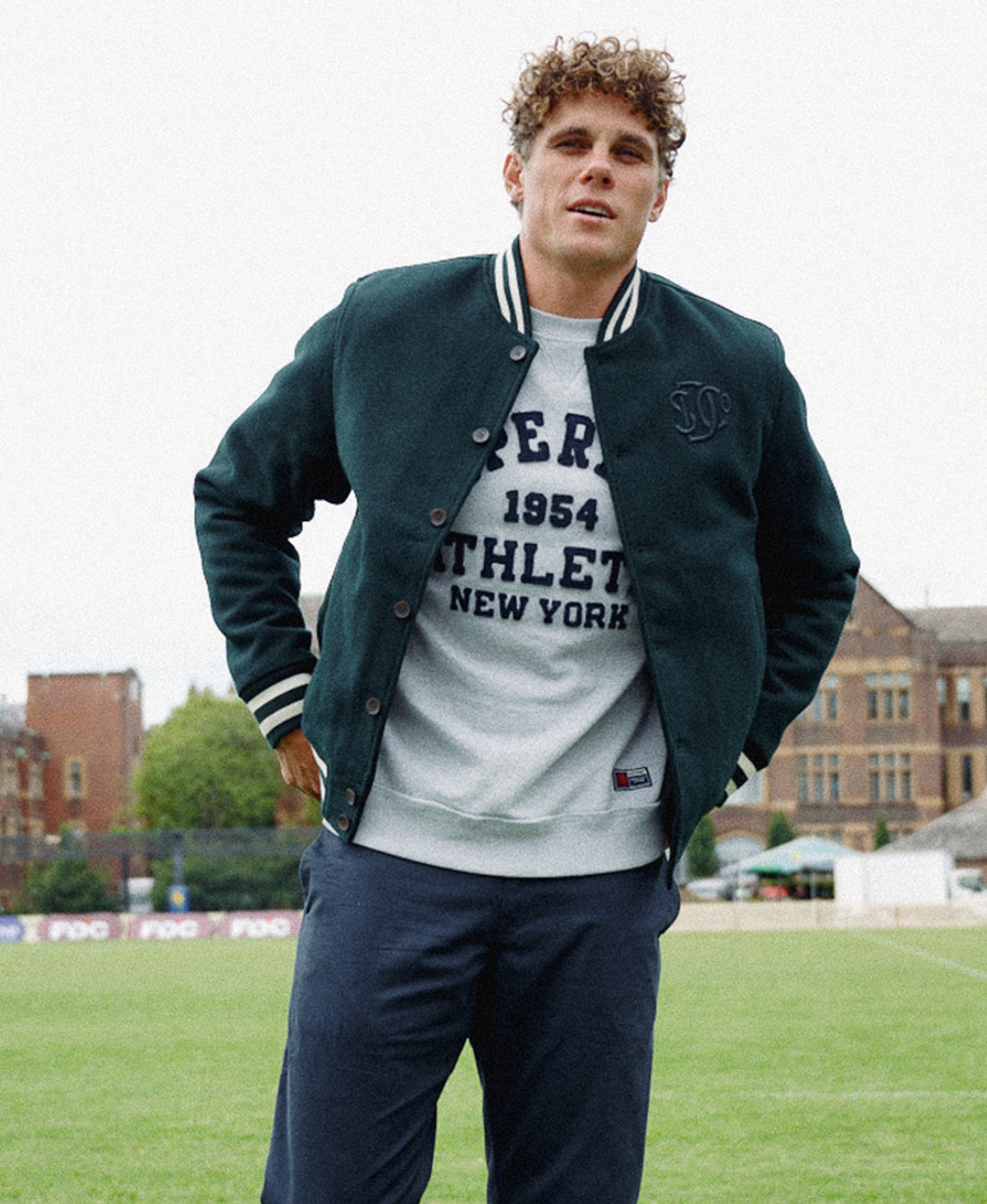 Varsity Monogram Wool Bomber | Green Wool