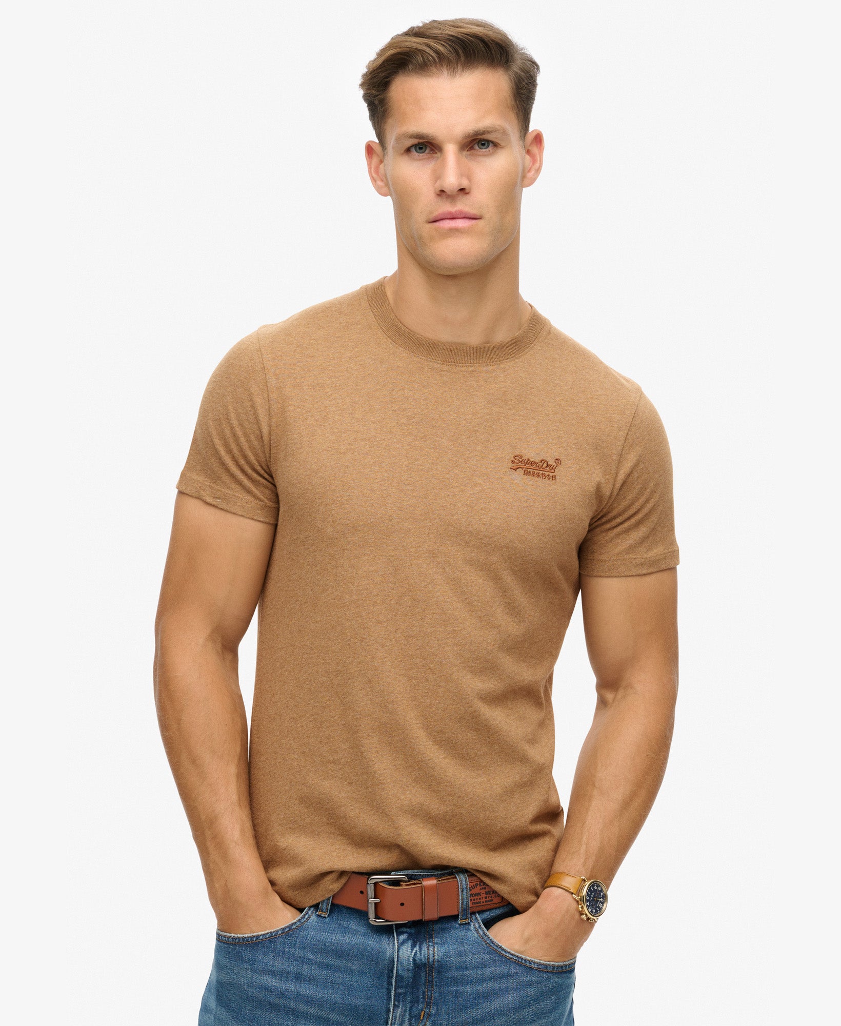 Essential Logo Embroidered Slim Fit Tee | Buck Tan Brown Marle