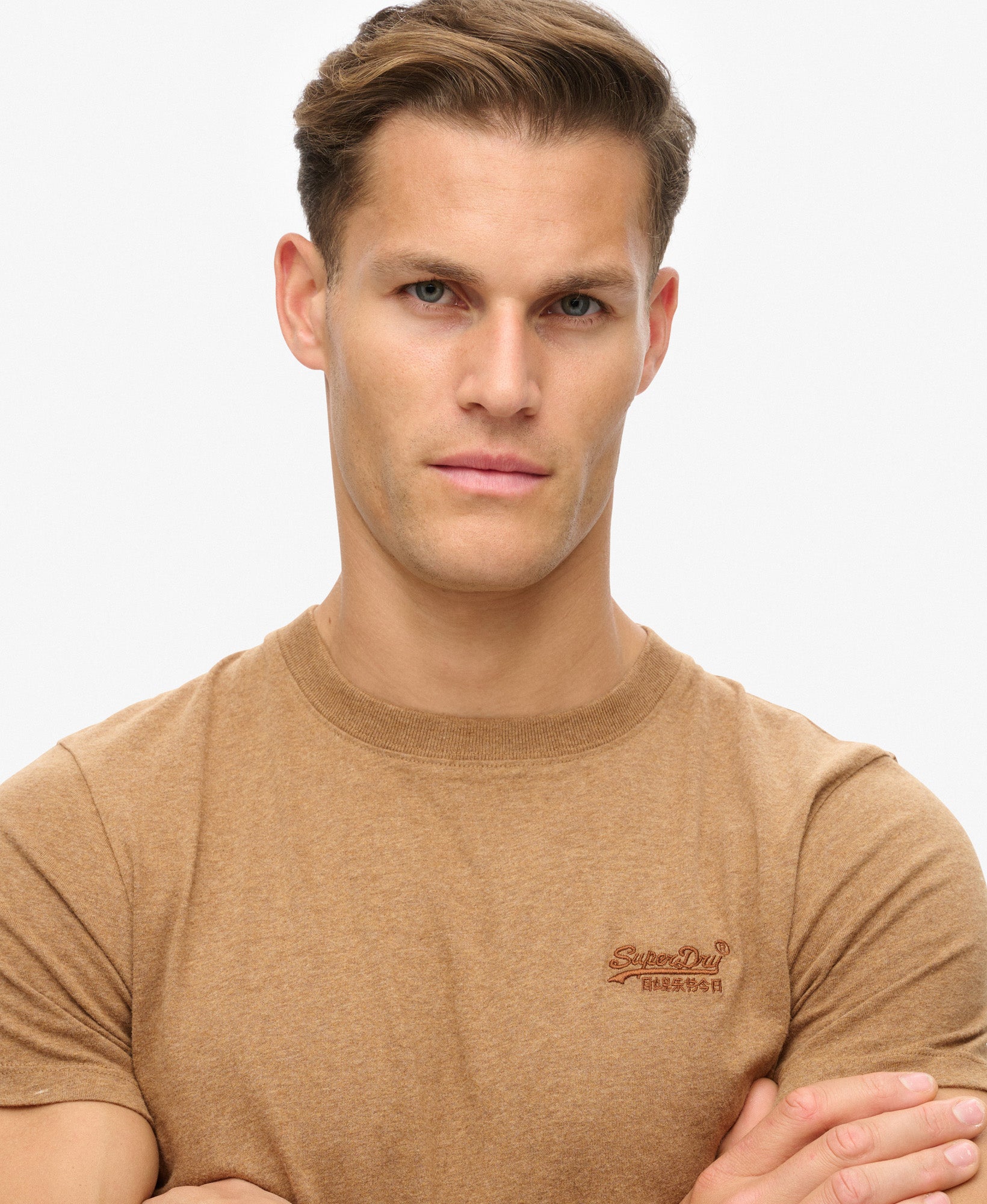 Essential Logo Embroidered Slim Fit Tee | Buck Tan Brown Marle