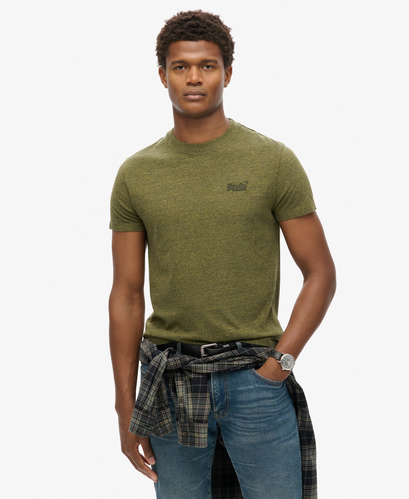 Essential Logo Embroidered Slim Fit Tee | Olive Fleck Marle