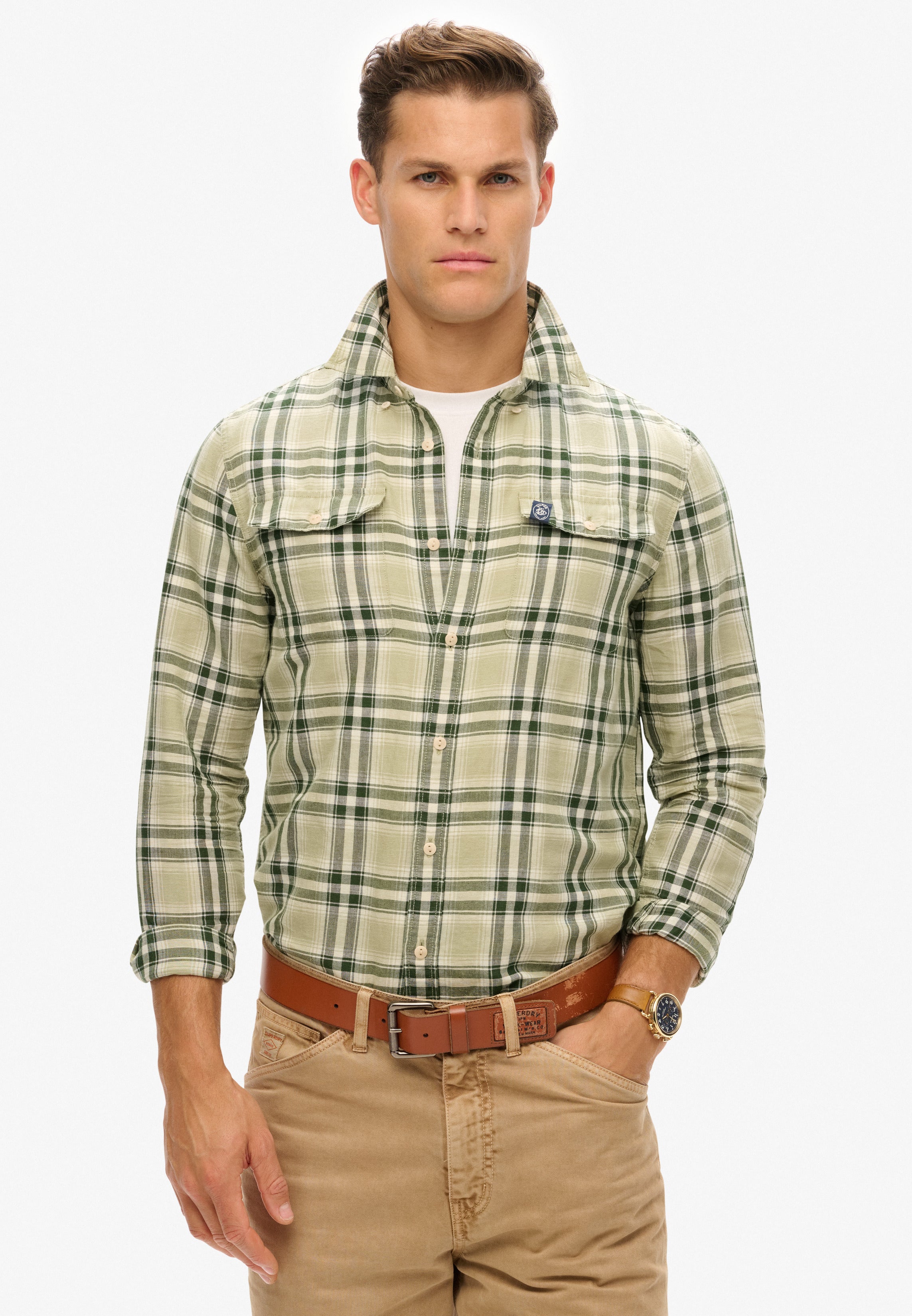 Merchant Linen Check Shirt | Green Check