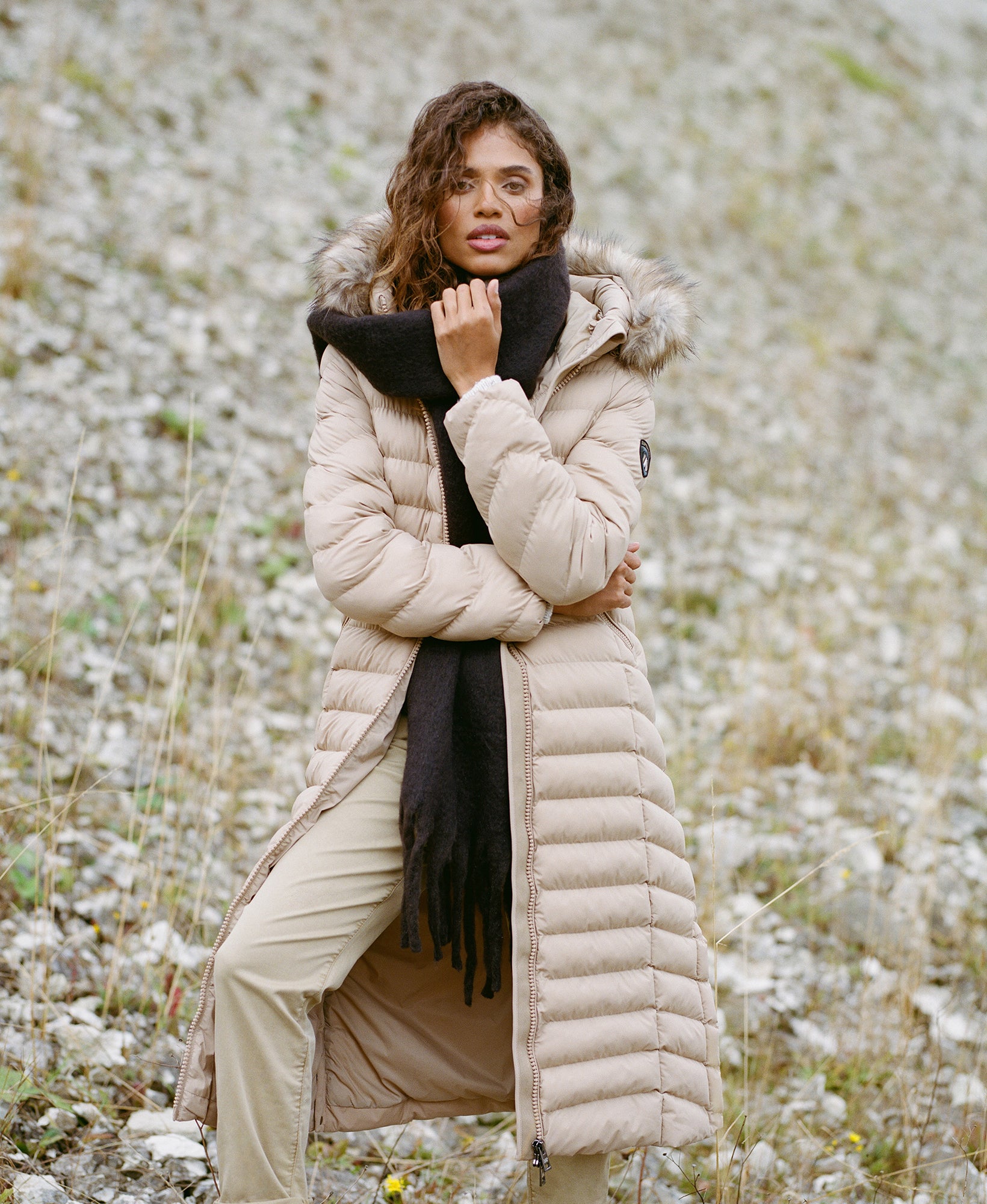 Fuji Faux Fur Hooded Longline Slim Fit Jacket | Shaker Beige