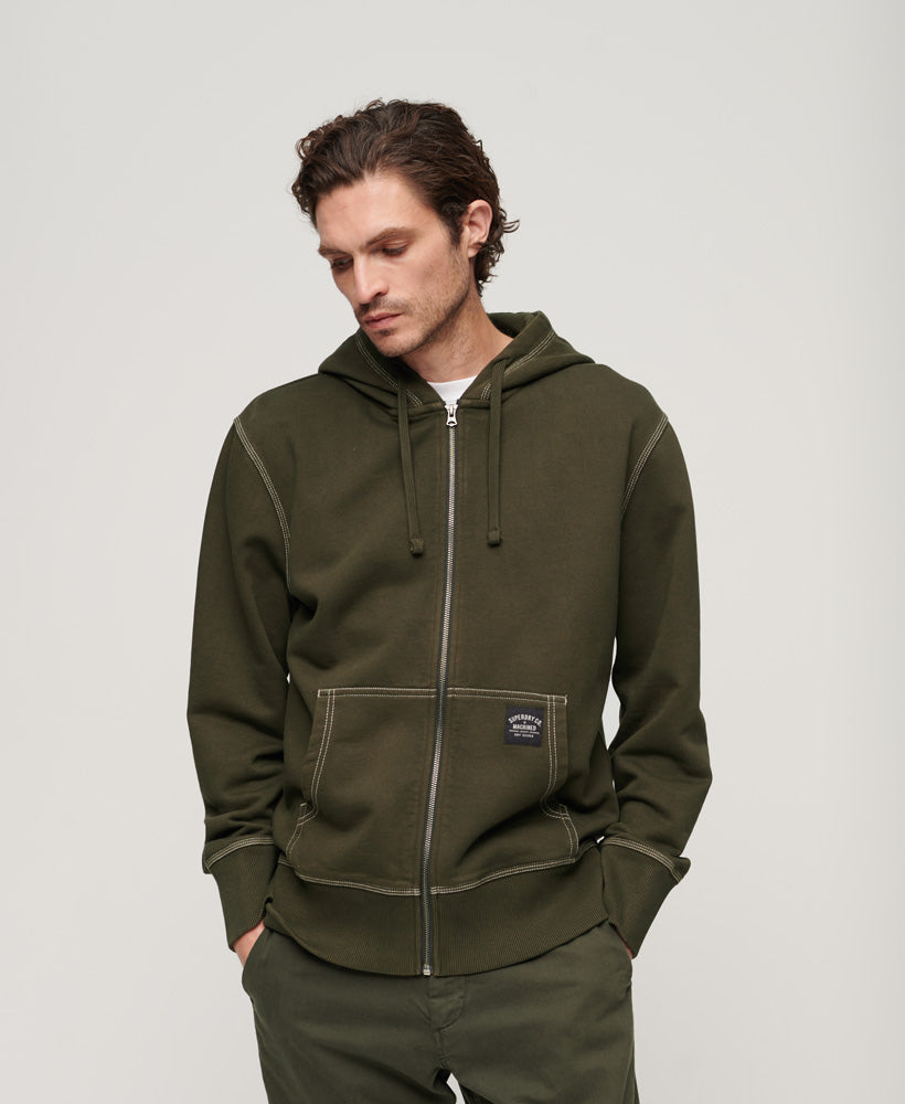 Contrast Stitch Relaxed Zip Hoodie | Dark Grey Green