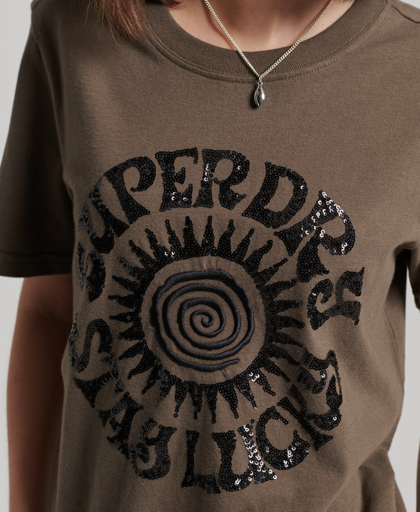 Vintage Embellished T Shirt | Dark Khaki