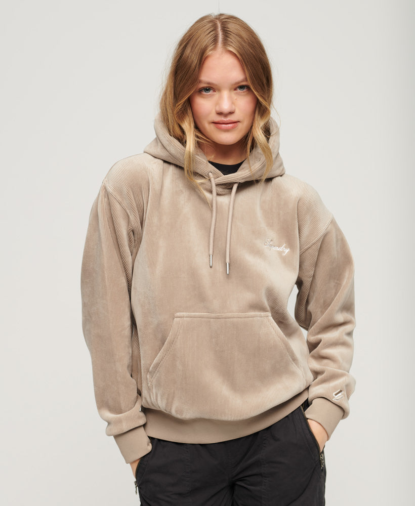 Drop Needle Velour Boxy Hoodie | Warm Grey – Superdry