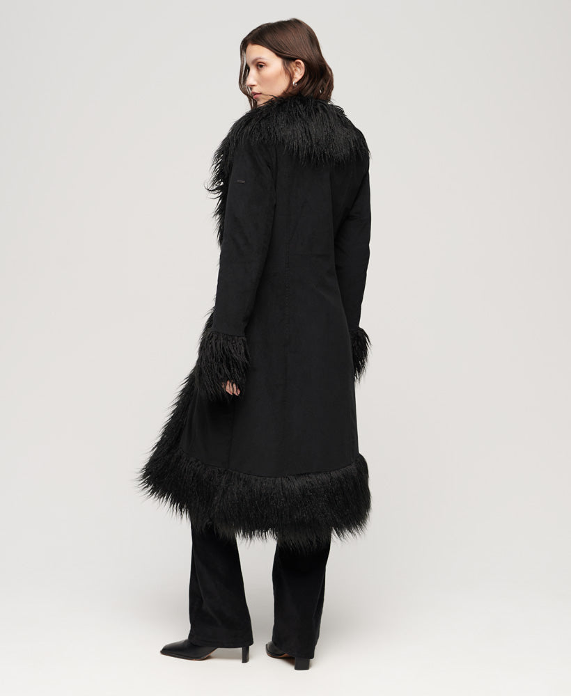 Faux Fur Lined Longline Afghan Coat | Black